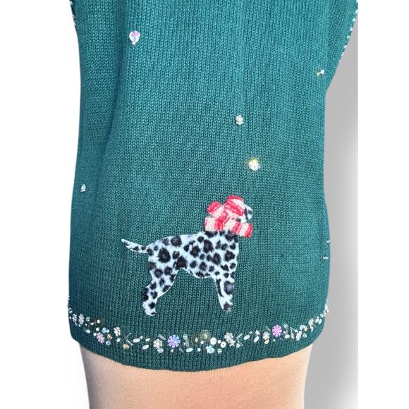 Susan Bristol Hand Embroidered Green Dog Holiday Knit Sweater Vest Large Festive - Picture 6 of 15